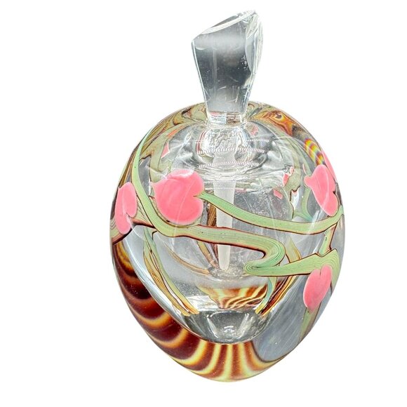 Handblown Zellique Signed Glass Perfume Bottle Stopper Pink Floral Hand Painted - Picture 2 of 7